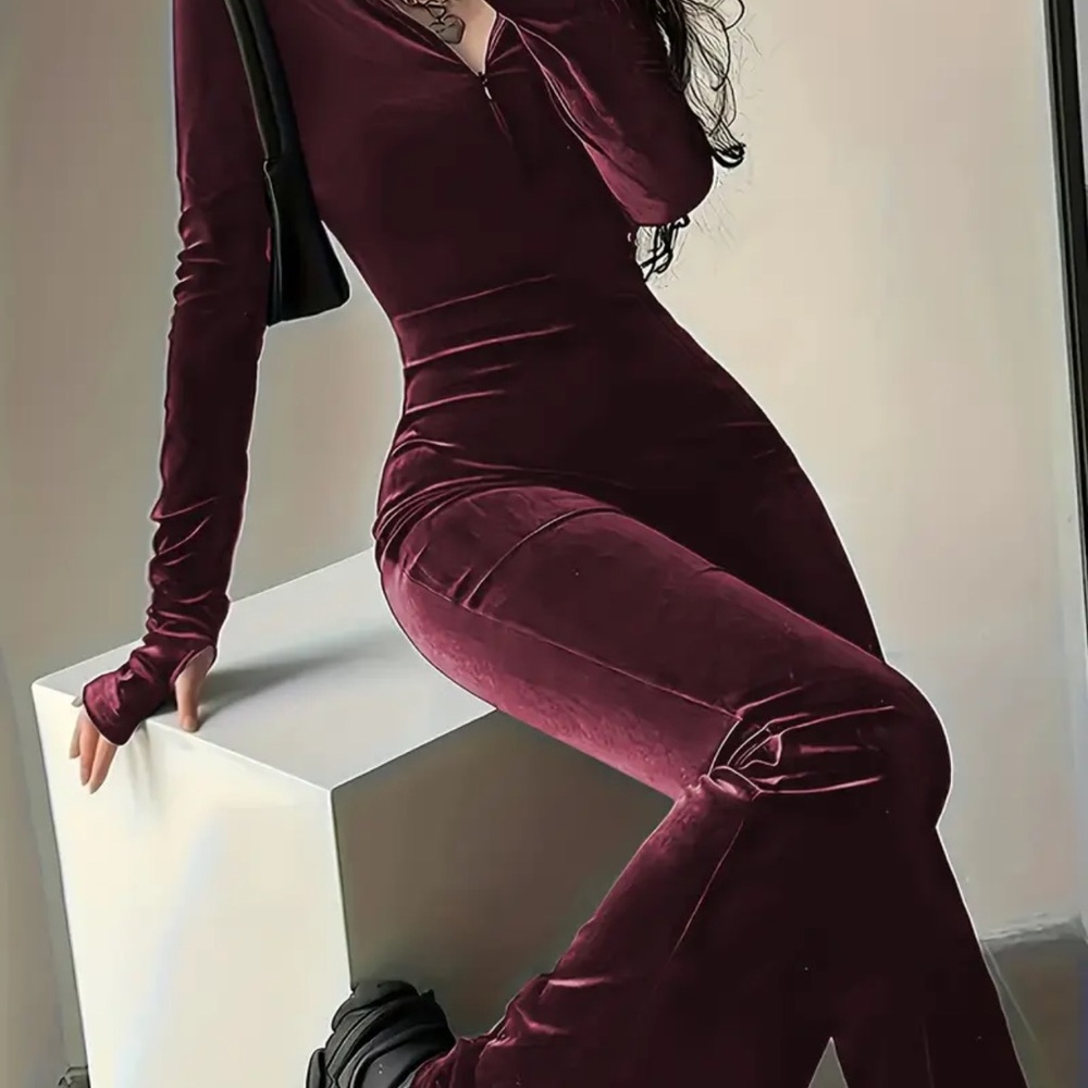 Elegant Velvet Burgundy Jumpsuit